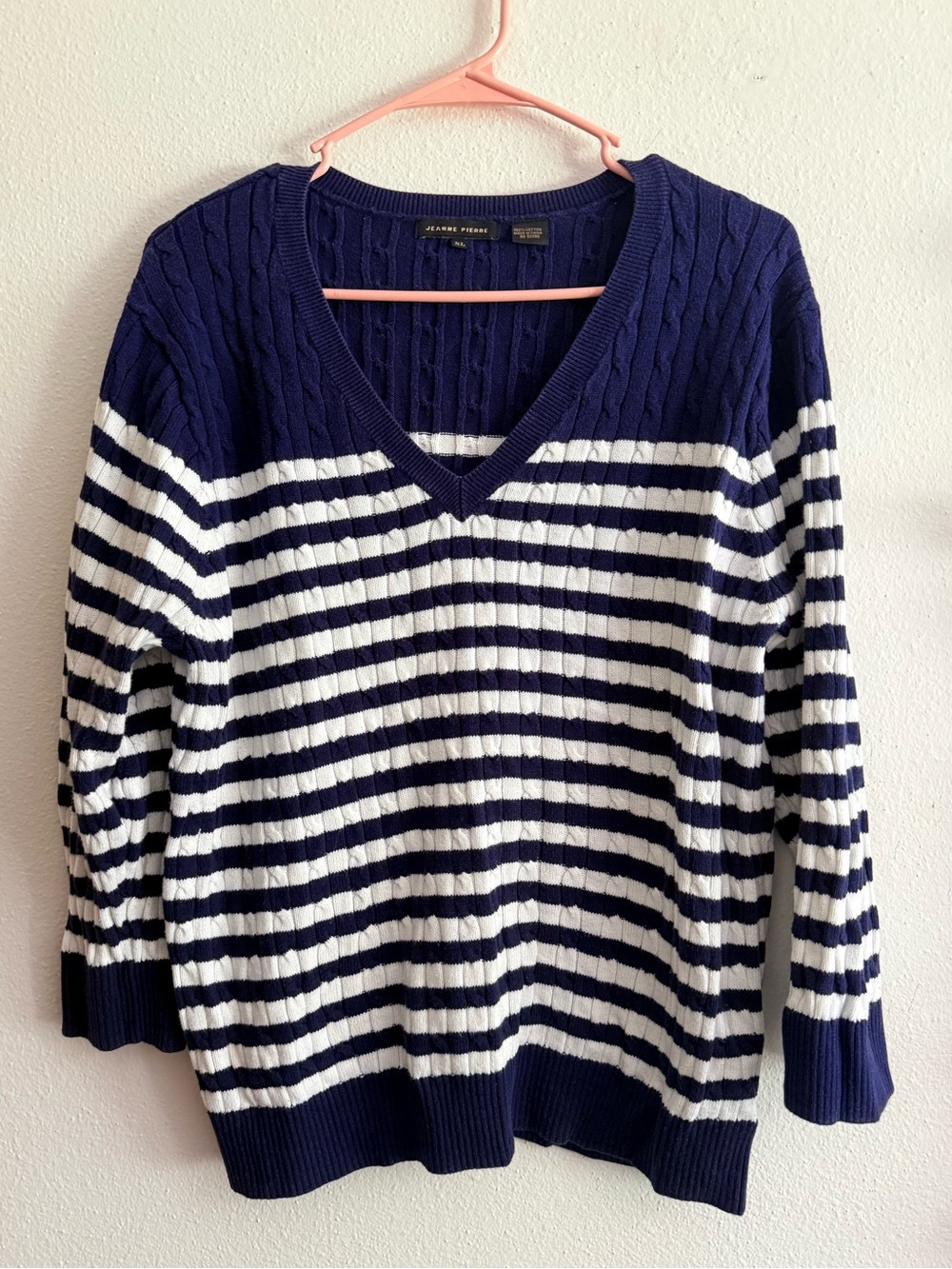 ❄️ Jeanne Pierre • Cable-Knit V-Neck Striped Sweater - Navy & White • Womens XL